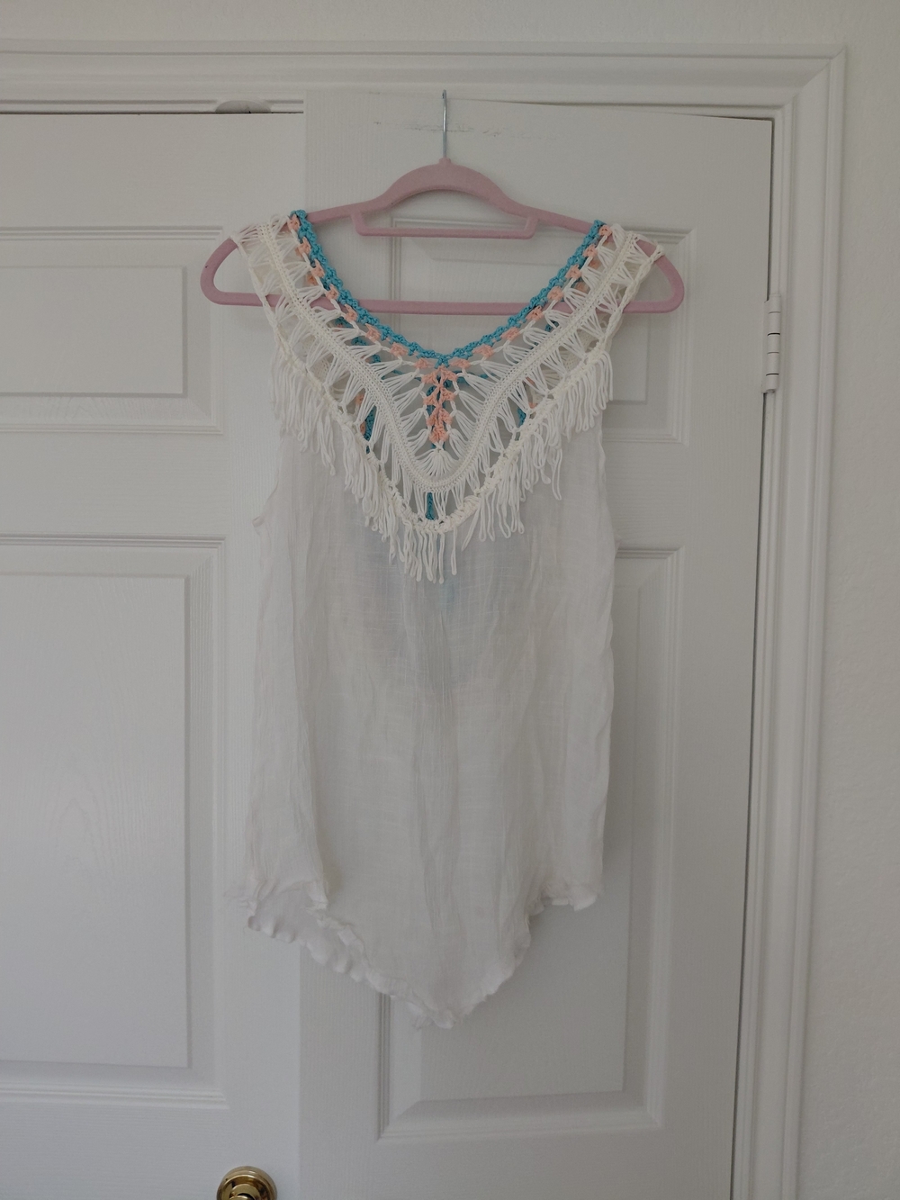White Crochet Fringe Camisole with Turquoise & Coral Accents